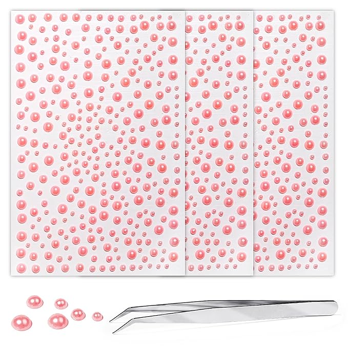 975Pcs Face Gems Hair Gems, Self-Adhesive Face Jewels Eye Jewels Rhinestones 3/4/5/6 mm DIY Face Gems Stick on, Hair Body Rhinestones Gems Crystals Pearls for Face Makeup, Crafts (Pearl_Pink)