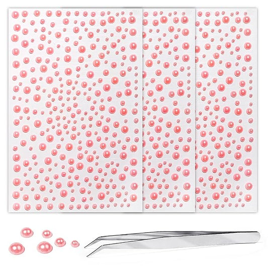 975Pcs Face Gems Hair Gems, Self-Adhesive Face Jewels Eye Jewels Rhinestones 3/4/5/6 mm DIY Face Gems Stick on, Hair Body Rhinestones Gems Crystals Pearls for Face Makeup, Crafts (Pearl_Pink)