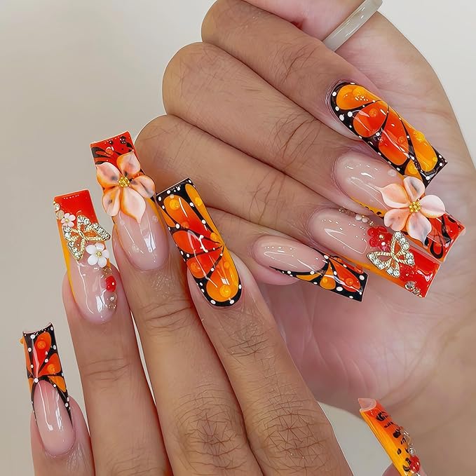 24Pcs Butterfly Wing Press on Nails Long Square Fake Nails 3D Relief Flower with Rhinestone Butterfly Pink White Flower Design False Nails Fall Orange Leopard Print French Tip Acrylic Nails for Women