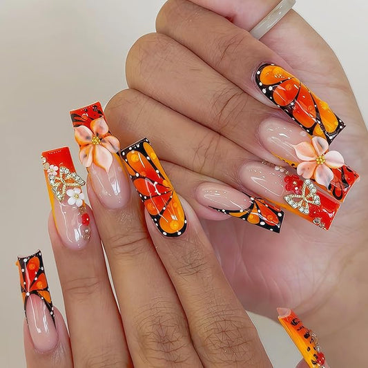 24Pcs Butterfly Wing Press on Nails Long Square Fake Nails 3D Relief Flower with Rhinestone Butterfly Pink White Flower Design False Nails Fall Orange Leopard Print French Tip Acrylic Nails for Women