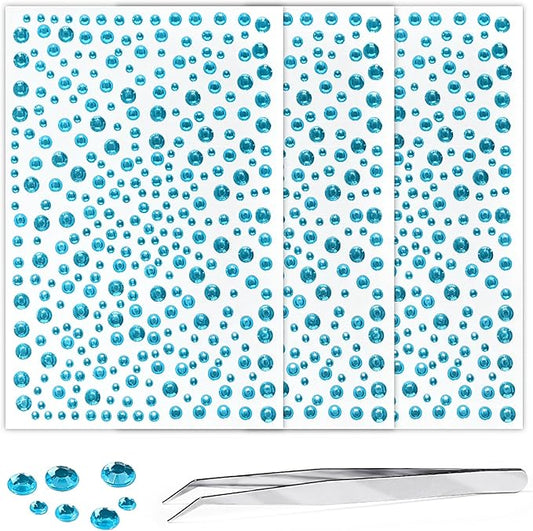 3Sheets Face Gems Rhinestones Stickers Bling Craft Light Blue Clear Crystal Tweezers Decals Pearls for Makeup Stick on Body 3/4/5/6MM Hair Nails Craft DIY Gems for Nails Makeup Decor 975PCS