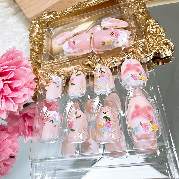 24pcs Colorful Flower Press on Nails Medium Almond Fake Nails with 3D Butterfly Designs White French Tip False Nails Cute Floral Acrylic Nails Kit Summer Fall Full Cover Glue on Nail for Women