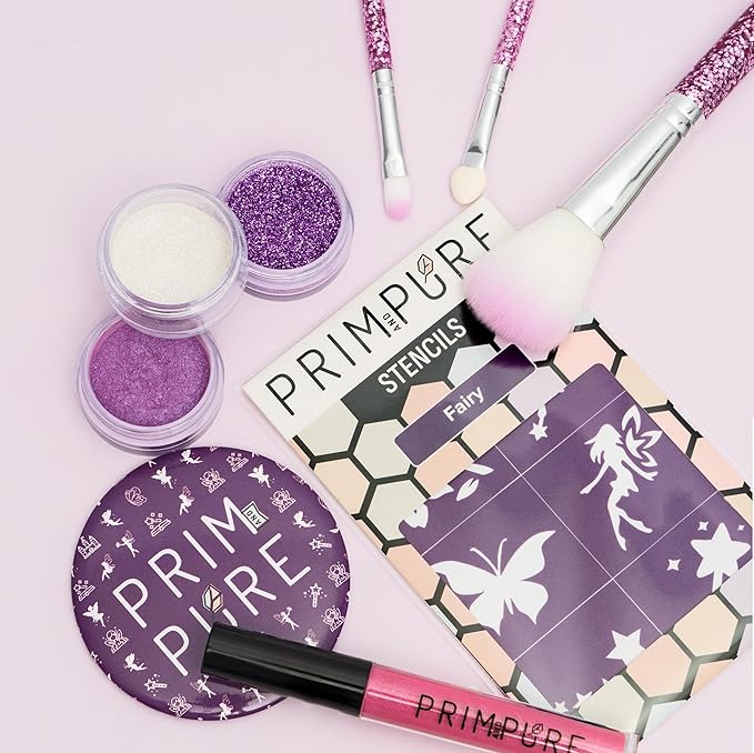 Prim and Pure Kids Makeup Gift Set - Stencil, Makeup Eyeshadow Bioglitter Lip Gloss and Cosmetic Bag Mirror Makeup Brush Accessories (Fairy Purple)