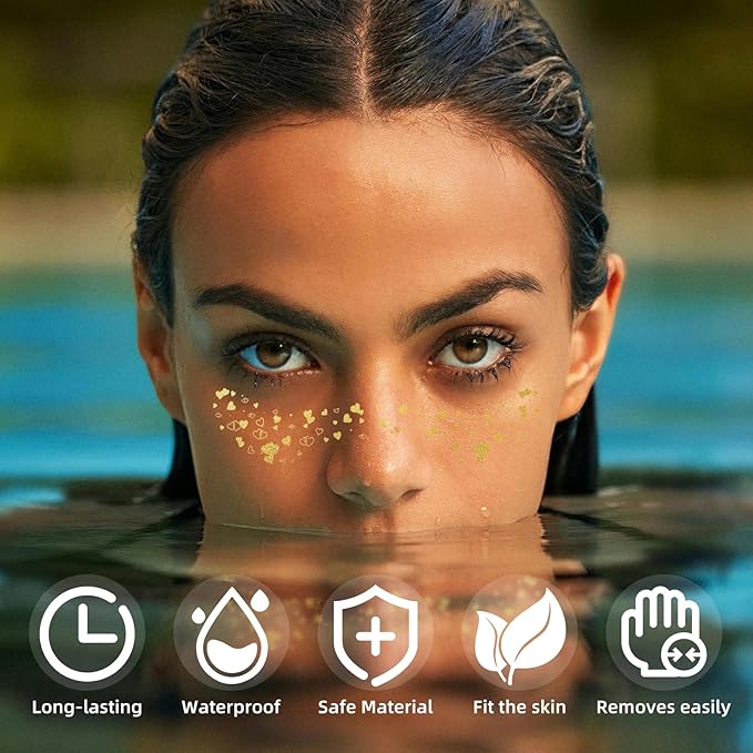 Glitter Freckles - 6PCS Gold & Sparkle Temporary Tattoos | Waterproof Face Jewels for Women & Kids, Cute Shimmer Makeup Patches