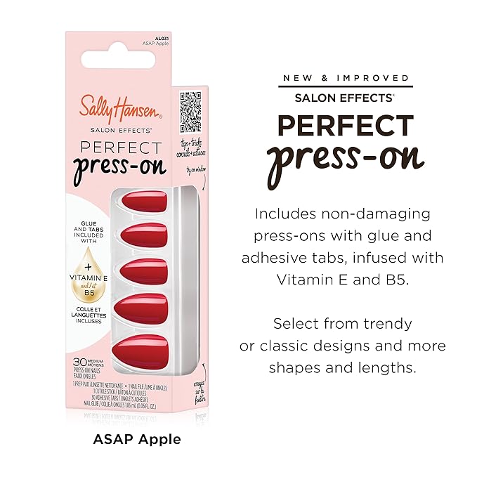 Sally Hansen Salon Effects Perfect Press-On Nails | Almond Shape | Easy to Apply, Non-Damaging | 30 Nails, Nail Glue, Adhesive Tabs, File | ASAP Apple