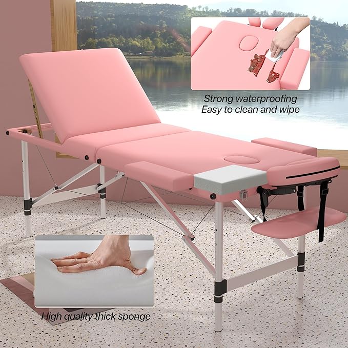 Massage Table Massage Bed, Portable 3 Section Foldable Tattoo Bed, Height Adjustable Lash Spa Bed with Face Cradle, Home Light Weight Facial Salon Bed with Aluminum Frame, Light Pink