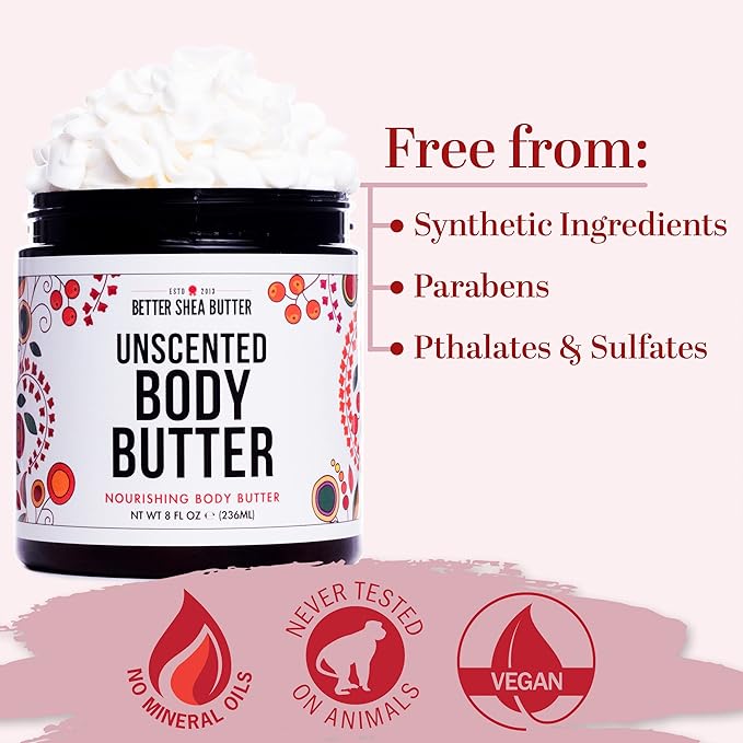 Unscented Body Butter for Dry Skin | with Raw Shea Butter and Jojoba Oil | Deep Moisturizer Safe for Sensitive Skin, Non Greasy, Fragrance Free | 8 oz
