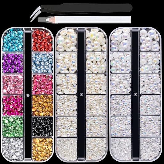 Flat Back Rhinestone+Half Round Pearl Kits Colorful Rhinestones+White AB+Beige AB Pearls With Picker Pencil And Tweezer For Home DIY And Professional Use