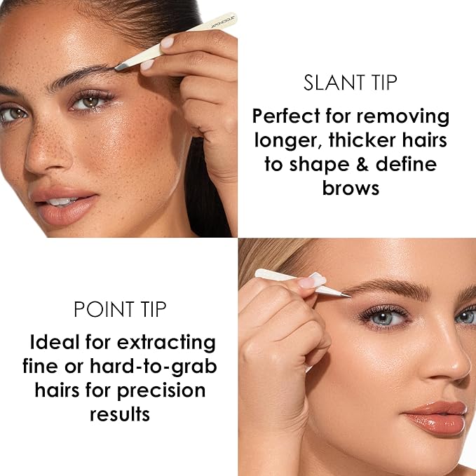 JAPONESQUE Pointed & Slant Tweezers Natural Shimmer Set, Precision Crafted, Hand Sharpened Tips for Shaping and Defining Brows
