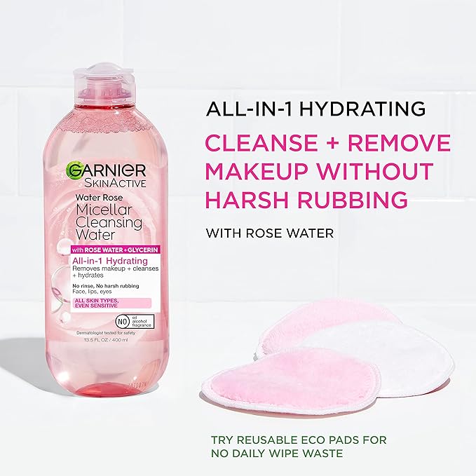 Garnier Micellar Water with Rose Water and Glycerin, Hydrating Facial Cleanser & Makeup Remover, For All Skin Types, Vegan, Cruelty Free, 13.5 Fl Oz (400mL), 2 Count