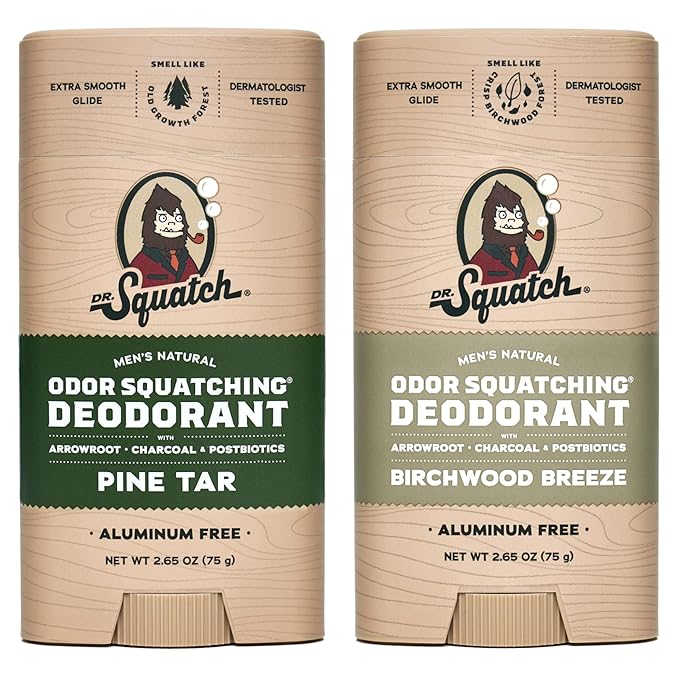 Dr. Squatch Natural Deodorant for Men - Odor-Squatching Aluminum Free - Pine Tar & Birchwood Breeze (2.65 oz, 2-Pack)
