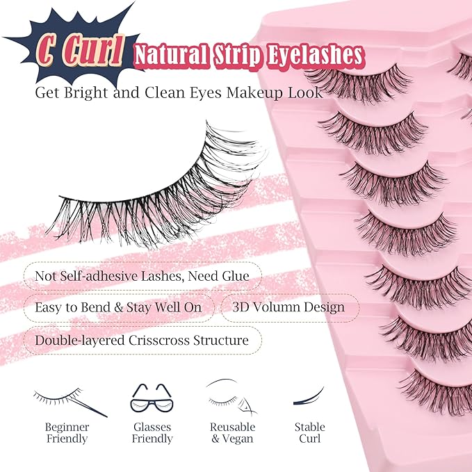 Eyelashes Natural Look 13MM False Lashes 3D Volume Strip Lashes Pack with Memory Band C Curl Fake Eyelashes Wispy Siligli Eye Lash 7 Pair