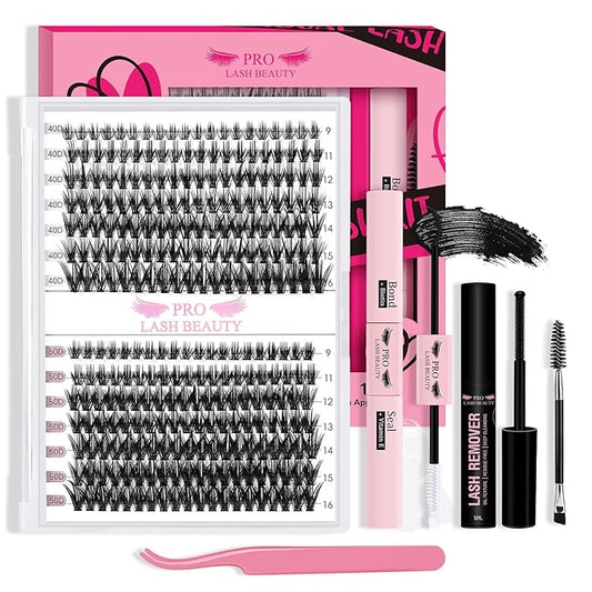 Lash Clusters Kit 280pcs Lash Clusters D Curl Eyelash Extension Kit Individual Lashes with Lash Bond and Seal Lash Remover Lash Applicator Easy to Apply at Home(40D+50D-9-16mix Kit)