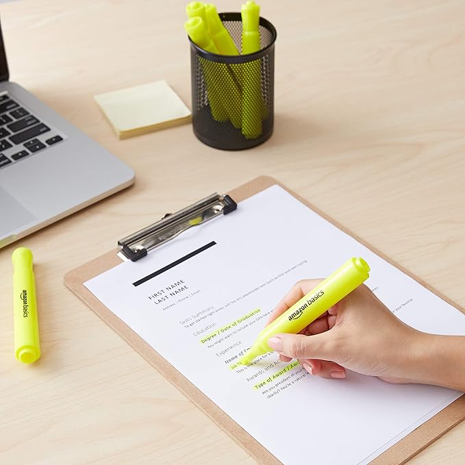 Amazon Basics Highlighters 12 Pack, Yellow Colors, Chisel Tip,Bible Highlighter,Office and School Supplies