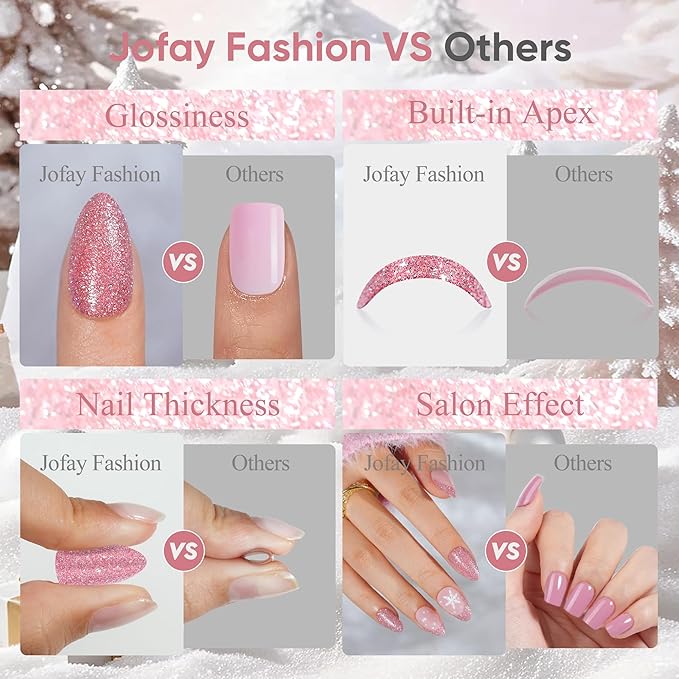 Christmas Press On Nails Almond - Jofay Fashion Pink Snowflake Glitter Press On Nails, Glossy Acrylic Fake Nails with Glue for Women, Reusable Winter Glue On Nails in 16 Sizes, 32 Pcs