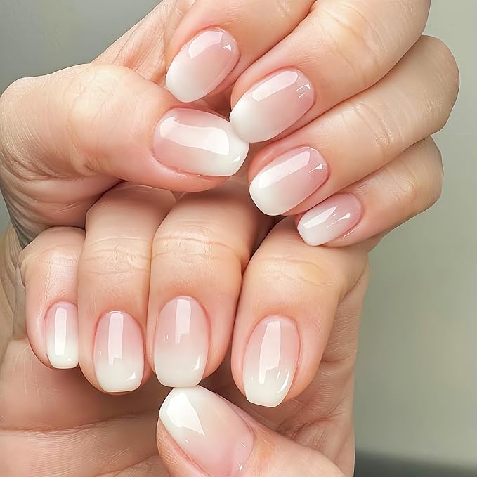 24 Pcs Gradient Pink White Press on Nails Short Square Shaped False Nails Full Cover Acrylic Nails Press ons Artificial Nails Cute Glue on Nails Pure Color Stick on Nail for Women Manicure Decoration