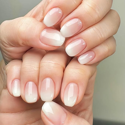 24 Pcs Gradient Pink White Press on Nails Short Square Shaped False Nails Full Cover Acrylic Nails Press ons Artificial Nails Cute Glue on Nails Pure Color Stick on Nail for Women Manicure Decoration