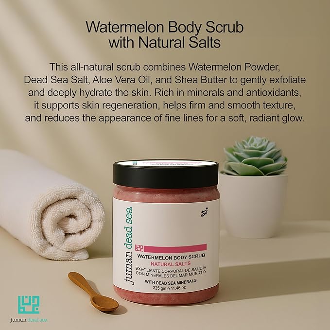Juman Dead Sea Minerals Watermelon Body Scrub | Infused with Shea and Cocoa Butter | Removes Dead Skin Cells and Rejuvenate Dull Skin | SlS & Paraben Free | Vegan | 11.46 Oz
