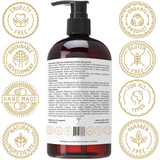 Laritelle Nature’s Love Organic Shampoo – 17.5 oz – Anti-Thinning Hair Growth, Rich Botanical Hydrosols & Keratin • Color Safe • Made in California