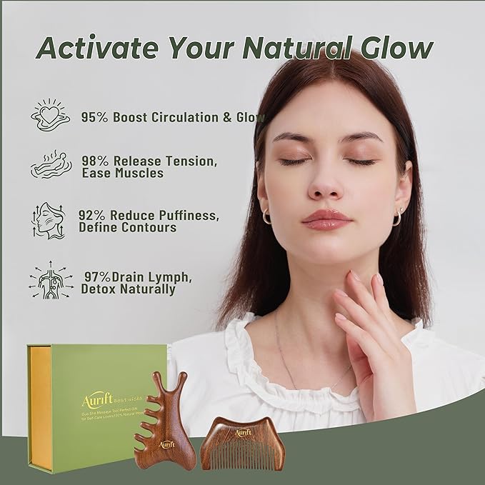 Wooden Gua Sha Tool & Massage Comb Set - 4-in-1 Face Gua Sha and Scalp Massager for Relaxation, Jawline Sculpting & Body Massage, Natural Self-Care Beauty Gift Set for Women, King Wood