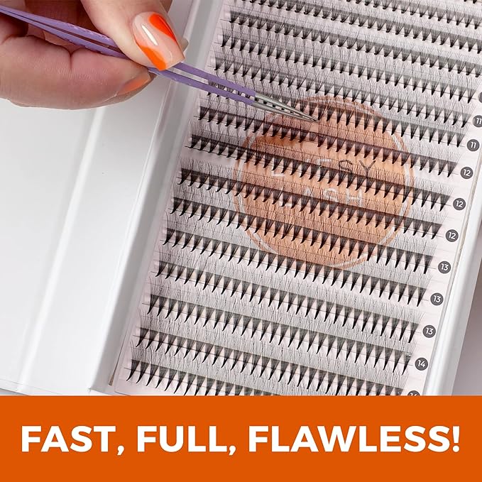 Eyesy Lash 448 Narrow Promade Fans - 10D 0.07mm Thickness C Curl 9-15mm Mixed Lengths - Mega Volume Eyelash Extension Long Stem Narrow Premade Lash Fans Fluffy Pre Made Eyelash Extension Trays
