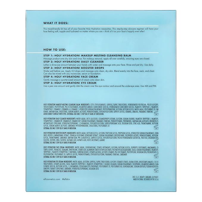 e.l.f. SKIN Holy Hydration! Hydrated Ever After Skincare Mini Kit, Cleanser, Makeup Remover, Moisturizer & Eye Cream For Hydrating Skin, Airplane-Friendly Sizes