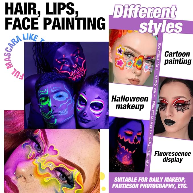 MEICOLY 2 Packs Water Activated Eye Liner Palette,Neon Face Paint Colored Retro Hydra Liner,Water Activated Eyeliner,Matte Graphic Eyeliner,UV Blacklight Glow Black White Face Body Paint,16 Colors