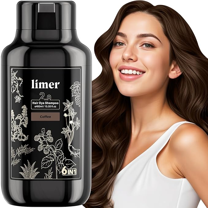 Limer Hair Dye Shampoo, Coffee Color 6-in-1 Natural Herbal Hair Color Shampoo, Semi-Permanent Gray Coverage with Pleasant Scent, Ammonia-Free Formula for Women & Men (460ml/15.55fl oz)