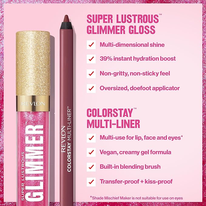 REVLON Super Lustrous Glimmer Gloss and ColorStay Multi-Liner Bundle, Glazed Almond and Off Roading, Pack of 2