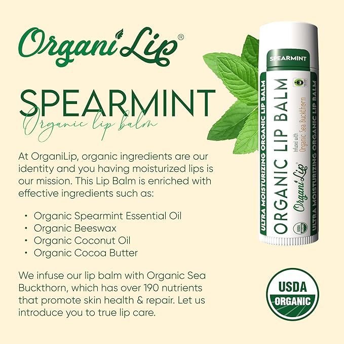 Organic Lip Balm, Spearmint Flavor, Ultra Hydrating Lip Moisturizer for Dry Lips, Oval Shaped Tube, USDA Certified Organic, 3 Pack - OrganiLip
