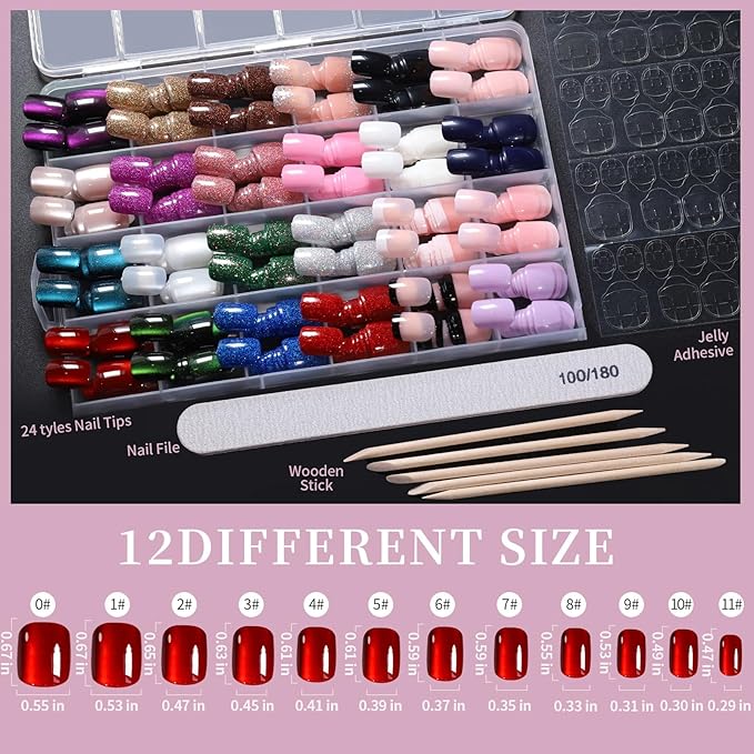FANDAMEI Press on Nails, 24 Colors 576PCS Short Press on Nails, Cat Eye Nails Short Round. Glossy Glitter Nails Press On French Tip, Natural Fit Lightweight for Christmas Nail Art