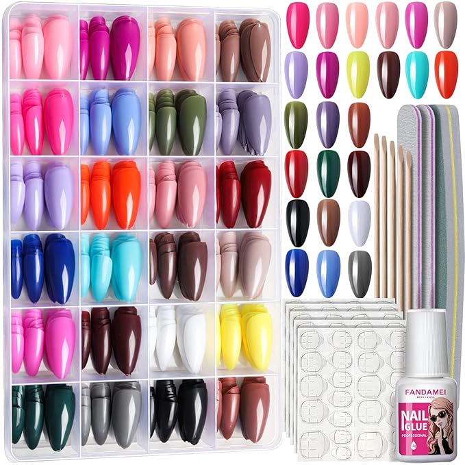 FANDAMEI Press on Nails, 24 Colors 576PCS Press on Nails Almond, Medium Acrylic Fake Nails Full Cover, Natural Glossy, False Nails with Nail Glue