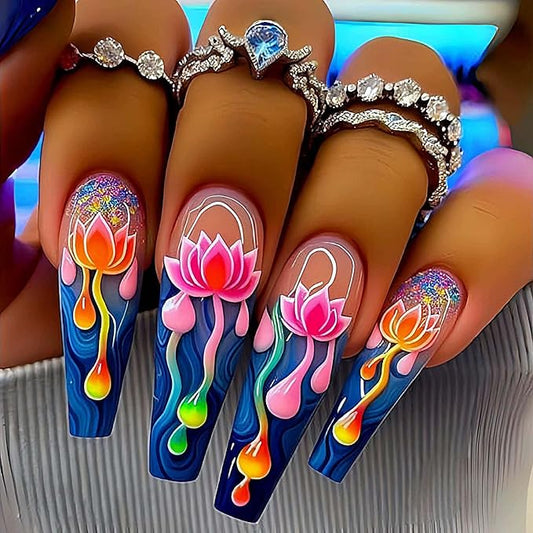 Long Press on Nails Coffin Shape with Flower Design Fake Nails Hot Girl Glue on Nails for Prom and Party Gift for Women 24pcs