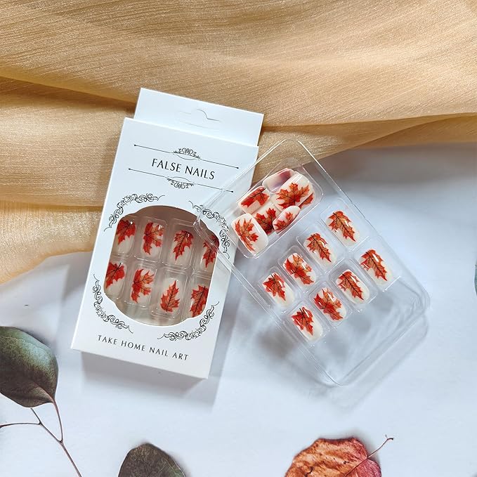 Fall Press on Nails Medium Square Fake Nails with Glitter Maple Leaves Design Milky White Glossy Acrylic False Nails Autumn Leaf Stick on Nail Reusable Gel Glue on Nail for Women 24Pcs