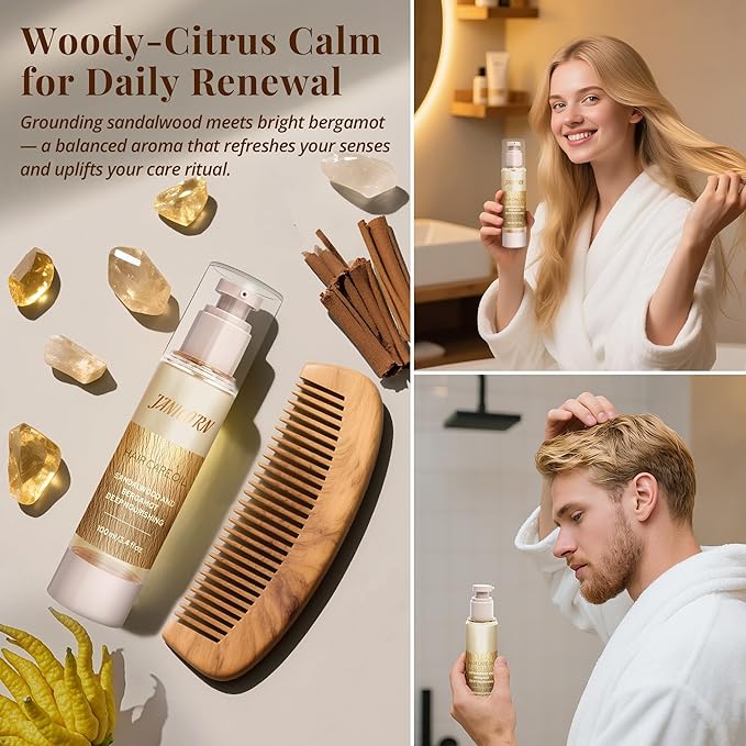 Hair Oil for Fine or Normal Hair – Lightweight Leave-In Formula with Jojoba & Argan Oils for Smoothness, Shine & Frizz Control, Natural Sandalwood & Bergamot Aroma, 3.4 fl oz / 100 ml