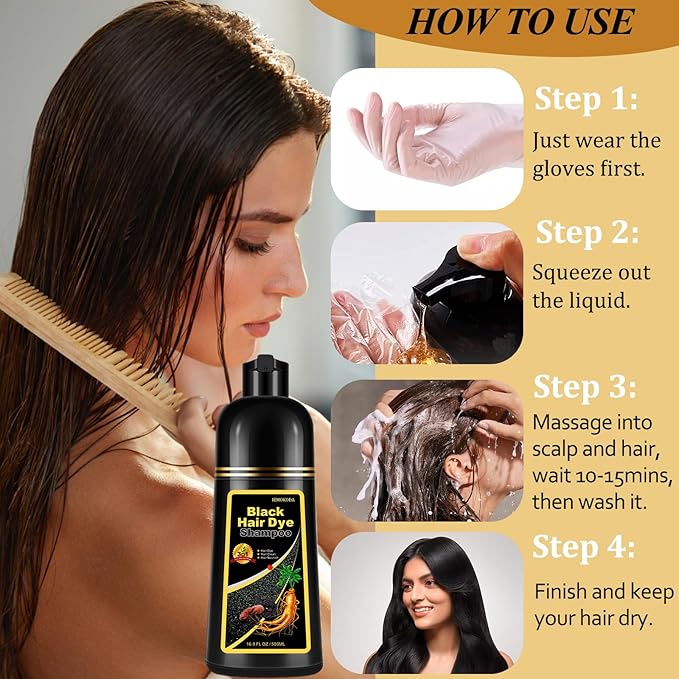 Instant Black Hair Dye Shampoo, Natural 3-in-1 for Gray Coverage in 10-15 mins, Long-Lasting Color Effect for Women and Men, 16.9 Fl Oz (Black)