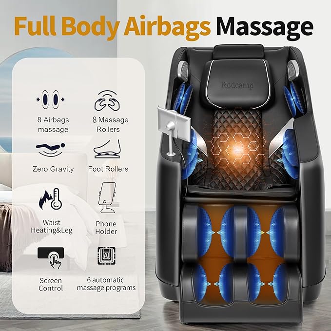 Redcamp Massage Chair Full Body: with 8-Point Fixed Nodes, Zero Gravity, Waist & Leg Heating, Airbag Massage, Bluetooth Music, LED Remote, Foot Rollers, Auto Programs, Adjustable Calf