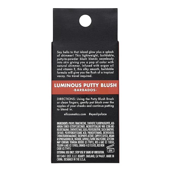 e.l.f. Luminous Putty Blush, Putty-to-Powder, Buildable Blush With A Subtle Shimmer Finish, Highly Pigmented & Creamy, Vegan & Cruelty-Free, Barbados
