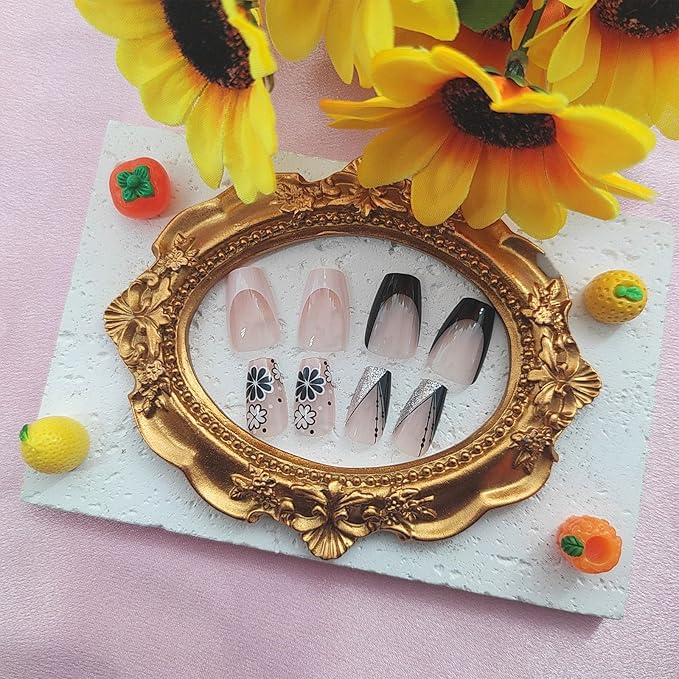 Spring Press on Nails Short Coffin Fake Nails with Flower Designs Black White French Nails Press ons Glossy Glue on Nails Cute Acrylic Nails Nude False Nails Summer Stick on Nails for Women 24Pcs