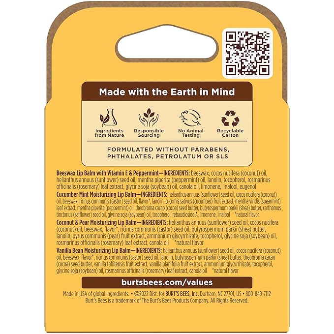 Burt's Bees Lip Balm - Beeswax, Cucumber Mint, Coconut & Pear, and Vanilla Bean Pack, With Responsibly Sourced Beeswax, Tint-Free, Natural Origin Lip Treatment, 4 Tubes, 0.15 oz.
