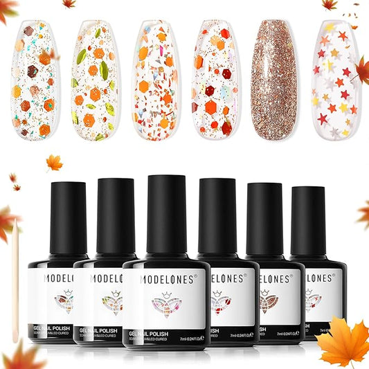 modelones Glitter Gel Nail Polish Set, 6 Colors Fall Geometric Shapes Star Gold Glitter Ornament Gel Polish Collection with Wooden Stick All Seasons Soak Off LED Manicure DIY Gift