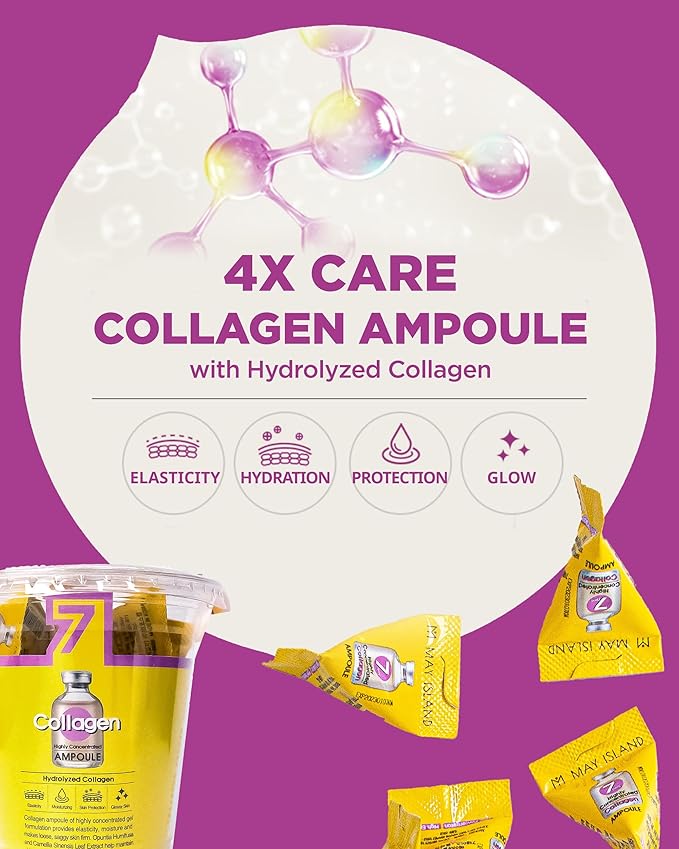 MAY ISLAND 7 Days Highly Concentrated Collagen Ampoule - Korean Intensive Firming Serum with Hydrolyzed Collagen - Single-Use Individual Gel Ampoules for Elasticity & Anti-Aging, 0.1oz. x 12 Pack