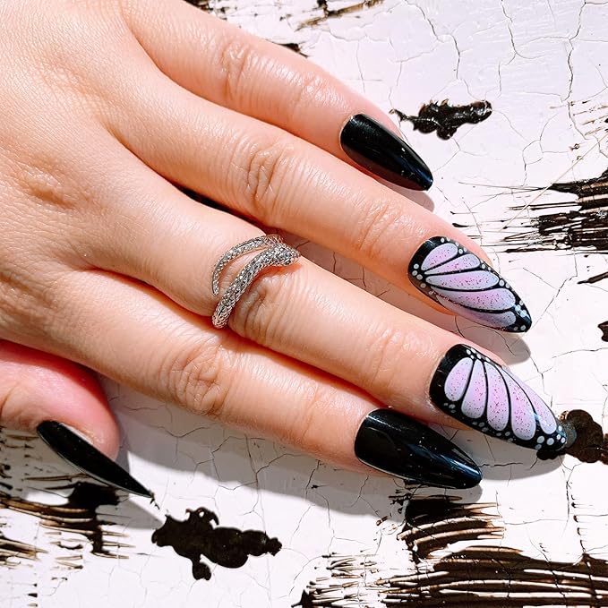 Black Press on Nails Pink Butterfly Wings Fake Nails Short Almond Glue on Nails Black Solid Color Glossy Full Cover Easy to Use Acrylic Stick on Nails For Daily and Party 24 Pcs