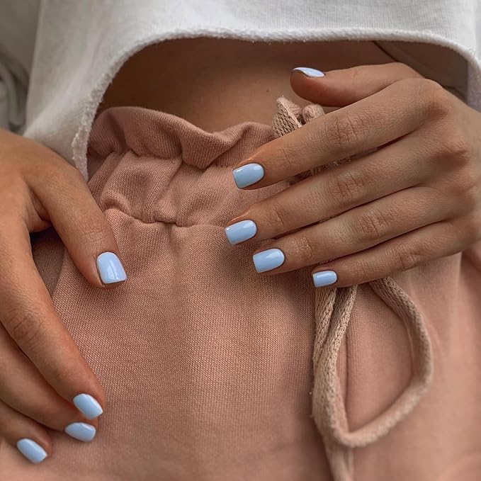 48Pcs Baby Blue Press on Nails Short Square Fake Nails, Glue on Nails Short Gel Nails Press ons, Acrylic Nails Stick on False Nails for Women, Natural Handmade Thick Extra Short Nails Small Petite