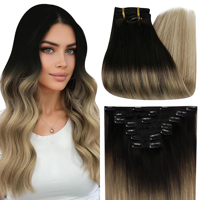 Full Shine Black Clip In Hair Extensions Real Human Hair #1b Natural Black To #8 Brown And #22 Light Blonde Clip In Extensions Black Ombre Invisible Hair 16 Inch 120g