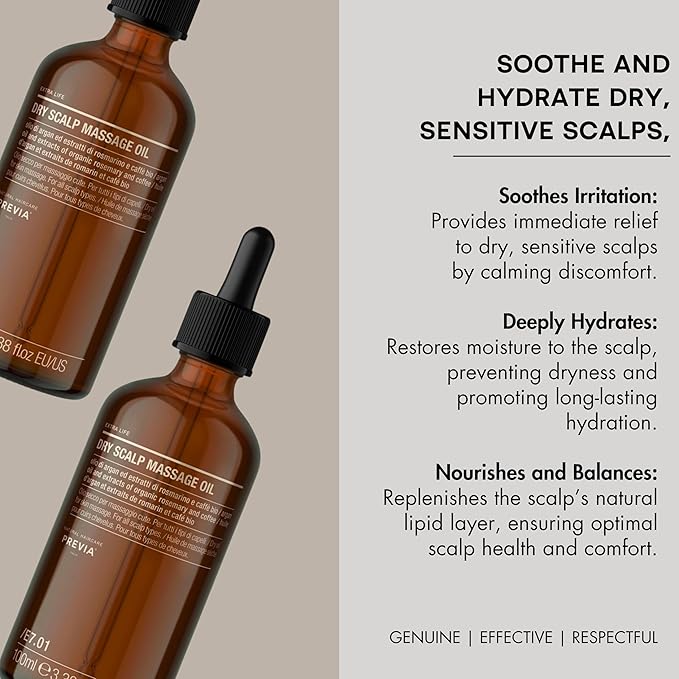 PREVIA Dry Scalp Massage Oil | Extra Life - The Virtuous Scalp Ritual | Soothing & Calming for Dry Scalp | Hydrating Treatment with Arnica Chamomile, & Calendula | Rebalances Lipid Layer | 3.38 Floz