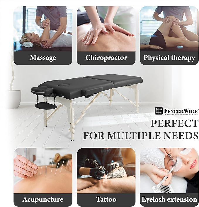 Fencer Wire 84 Inch Premium Memory Foam Massage Table, Foldable Massage Bed, Height Adjustable Spa Bed, Facial Cradle Salon Bed Wooden Legs & Carry Case, Black, 32 Inch Wide