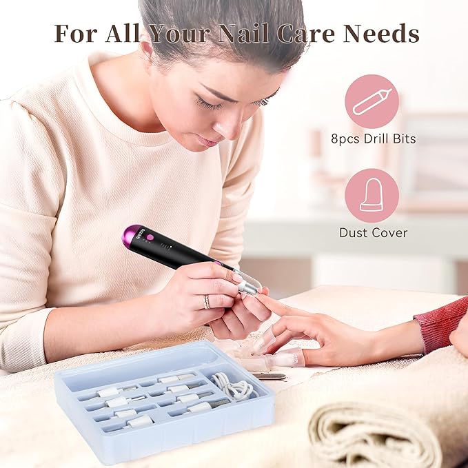 Electric Nail Drill, 8-in-1 Cordless Electric Nail File with LED Light, 5 Speeds Rechargeable Manicure and Pedicure Kit Hand Foot Care Tool for Nail Grinder Trim Polish for Women Baby