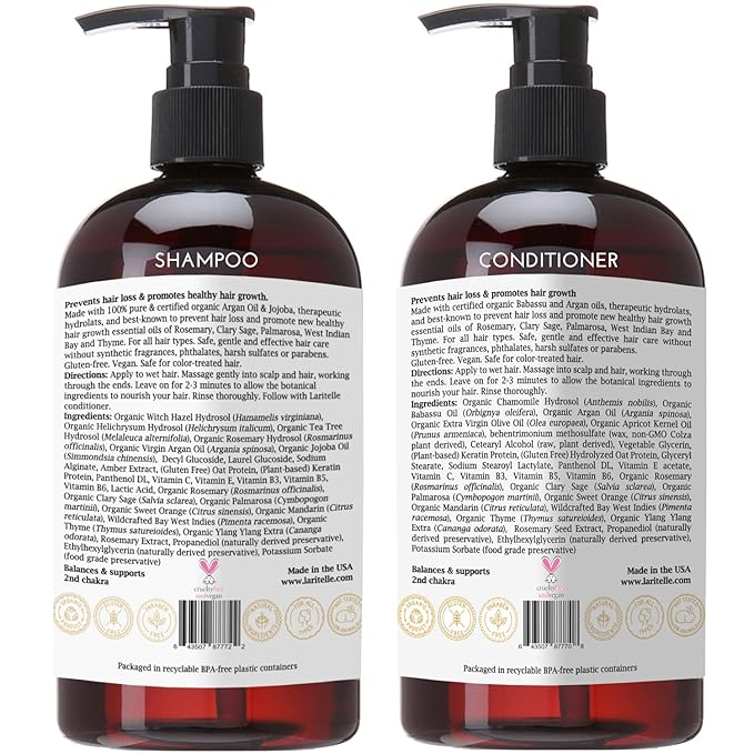 Laritelle Organic Hair Growth Set | Shampoo 16 oz + Conditioner 16 oz + Hair Loss Treatment 4 oz | Argan Oil, Rosemary, Palmarosa & Orange | NO GMO, Sulfates, Gluten, Alcohol, Parabens, Phthalates