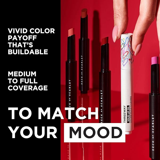 Deck of Scarlet Threeway Solid Lip Oil, Vegan Formula With Hyaluronic Acid and Hydrating Oil Blend, Glossy Finish - Goldcrown